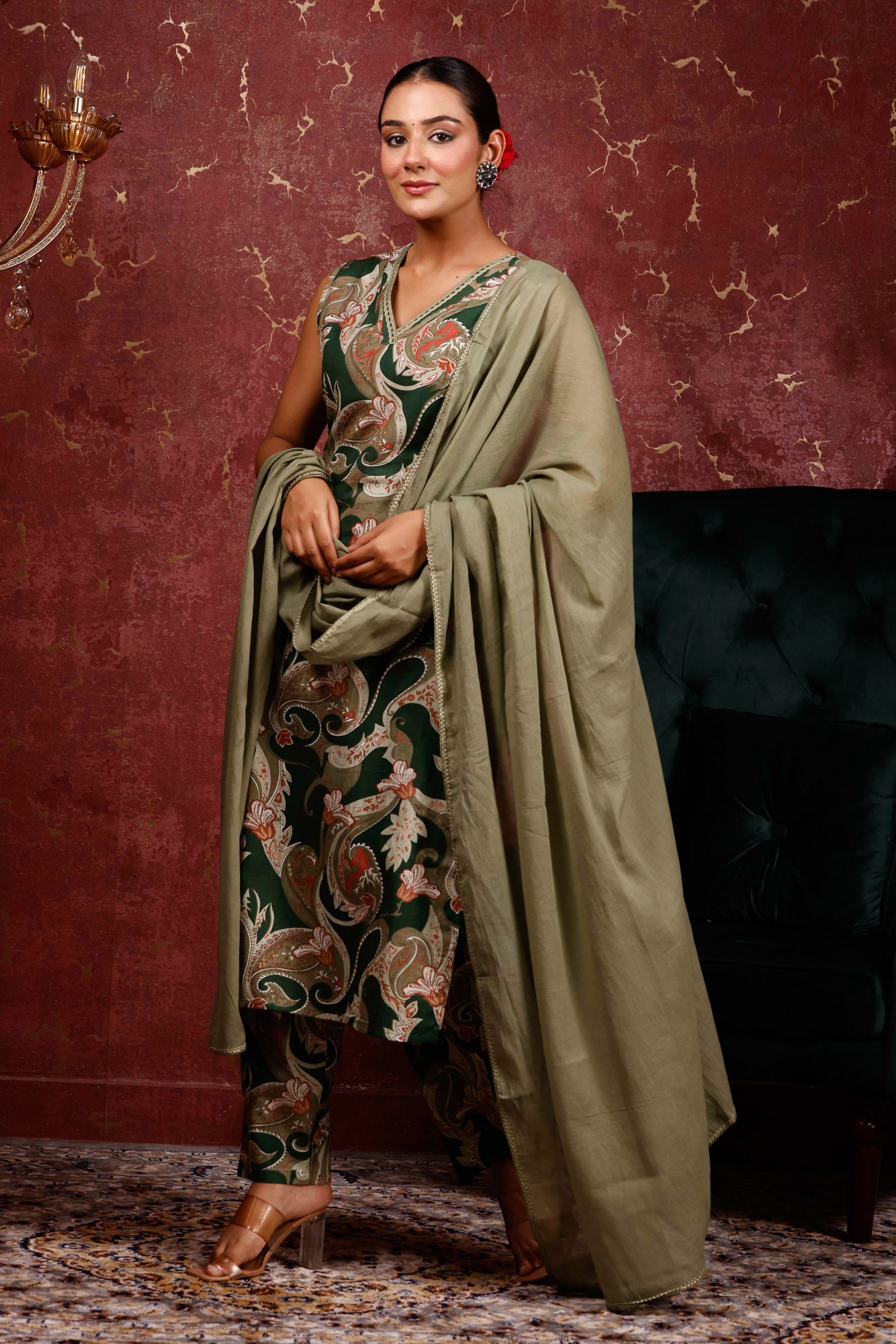 Rimeline Women Ethnic Motifs Printed Pure Cotton Kurta with Trousers & Dupatta