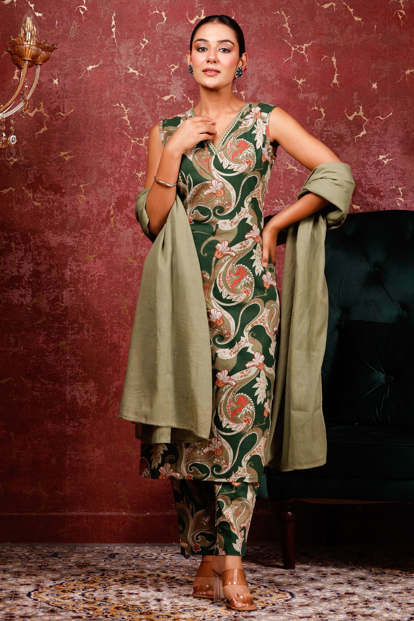 Rimeline Women Ethnic Motifs Printed Pure Cotton Kurta with Trousers & Dupatta