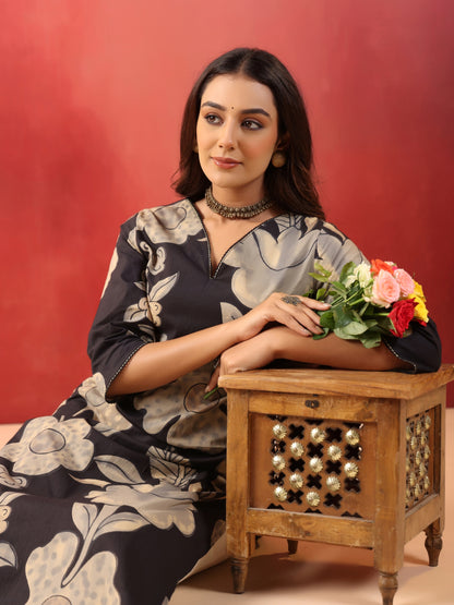Anouk Rustic Floral Printed V-Neck Pure Cotton Straight Kurta