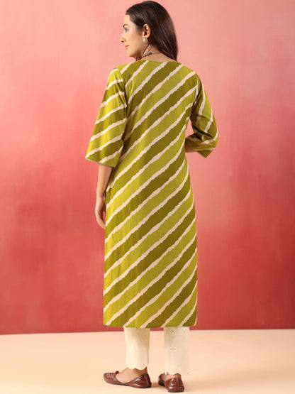 Rimeline Women Leheriya Printed V-Neck Sequinned Straight Cotton Kurta