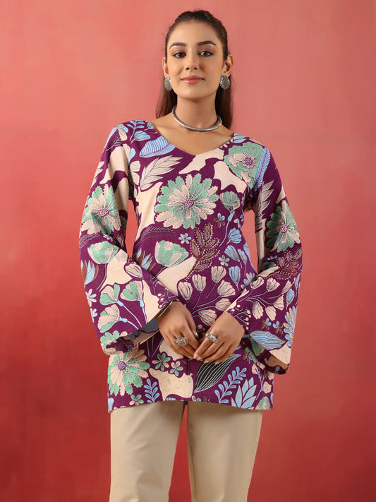 Rimeline Women Purple Floral Printed V-Neck Cotton Short Kurti