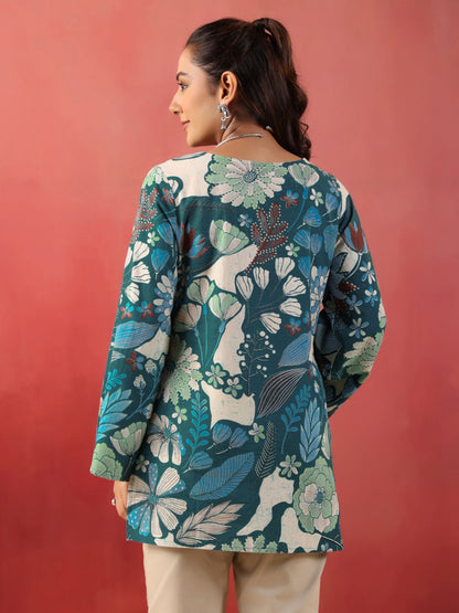 Rimeline Women Green Floral Printed V-Neck Cotton Short Kurti
