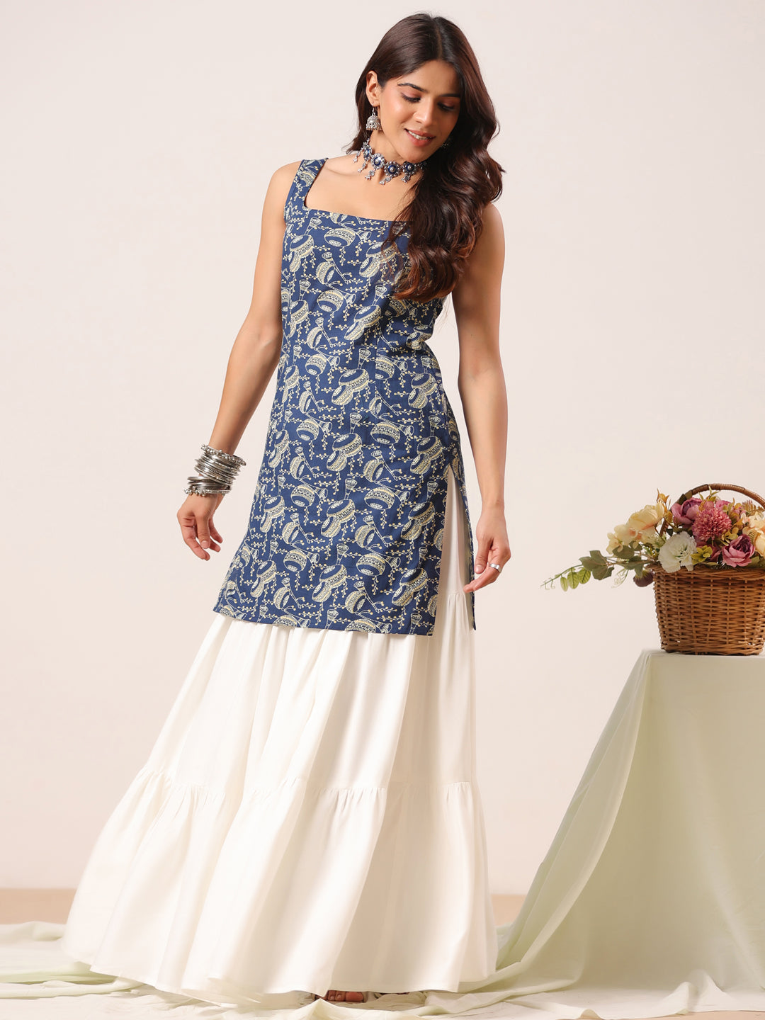 Rimeline Women Floral Printed Square Neck Pure Cotton Kurti
