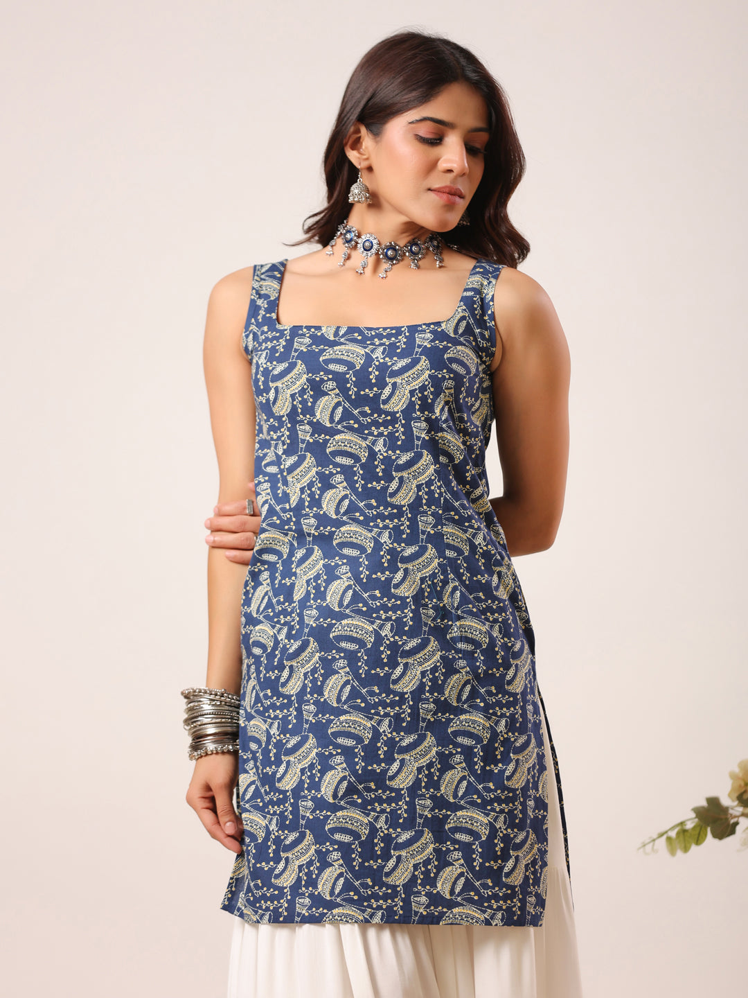 Rimeline Women Floral Printed Square Neck Pure Cotton Kurti