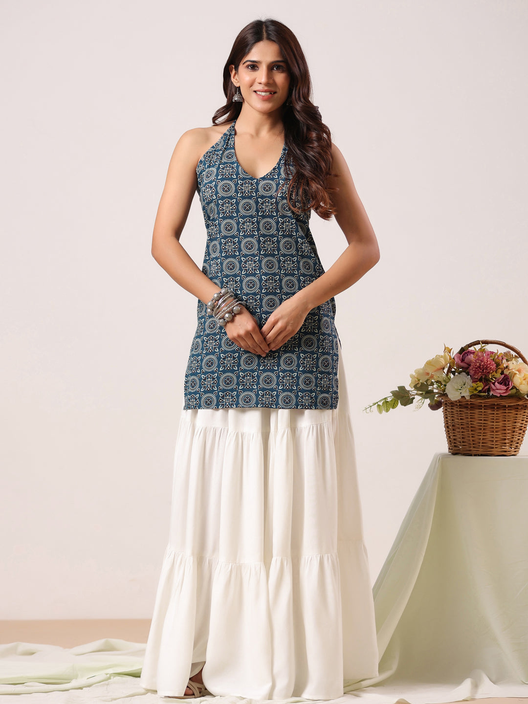 Rimeline Ethnic Motifs Print Halter Neck Pure Cotton Kurti