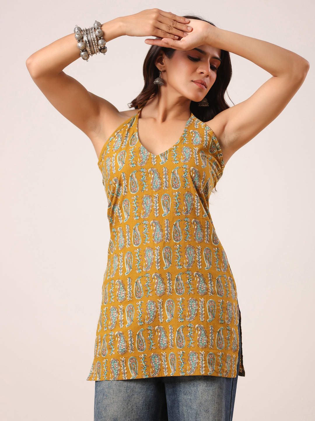 Rimeline Women Paisley Printed Halter Neck Pure Cotton Kurti