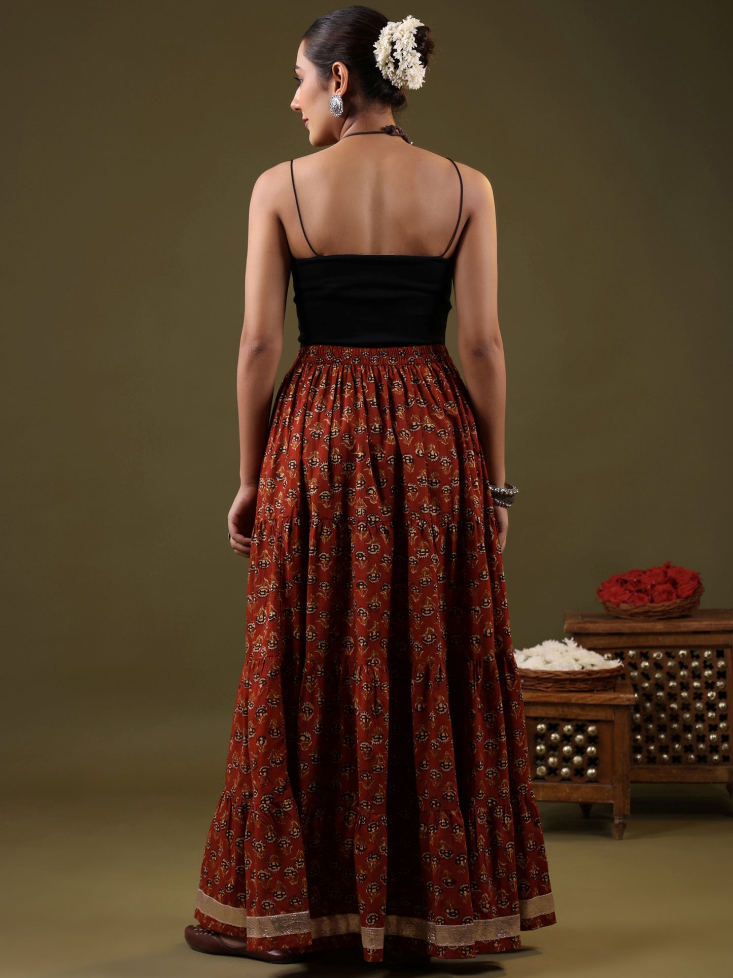 Rimeline Printed Pure Cotton Flared Tiered Maxi Skirt