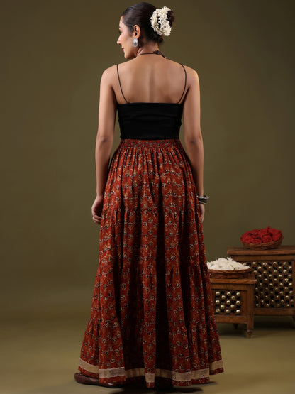 Rimeline Printed Pure Cotton Flared Tiered Maxi Skirt