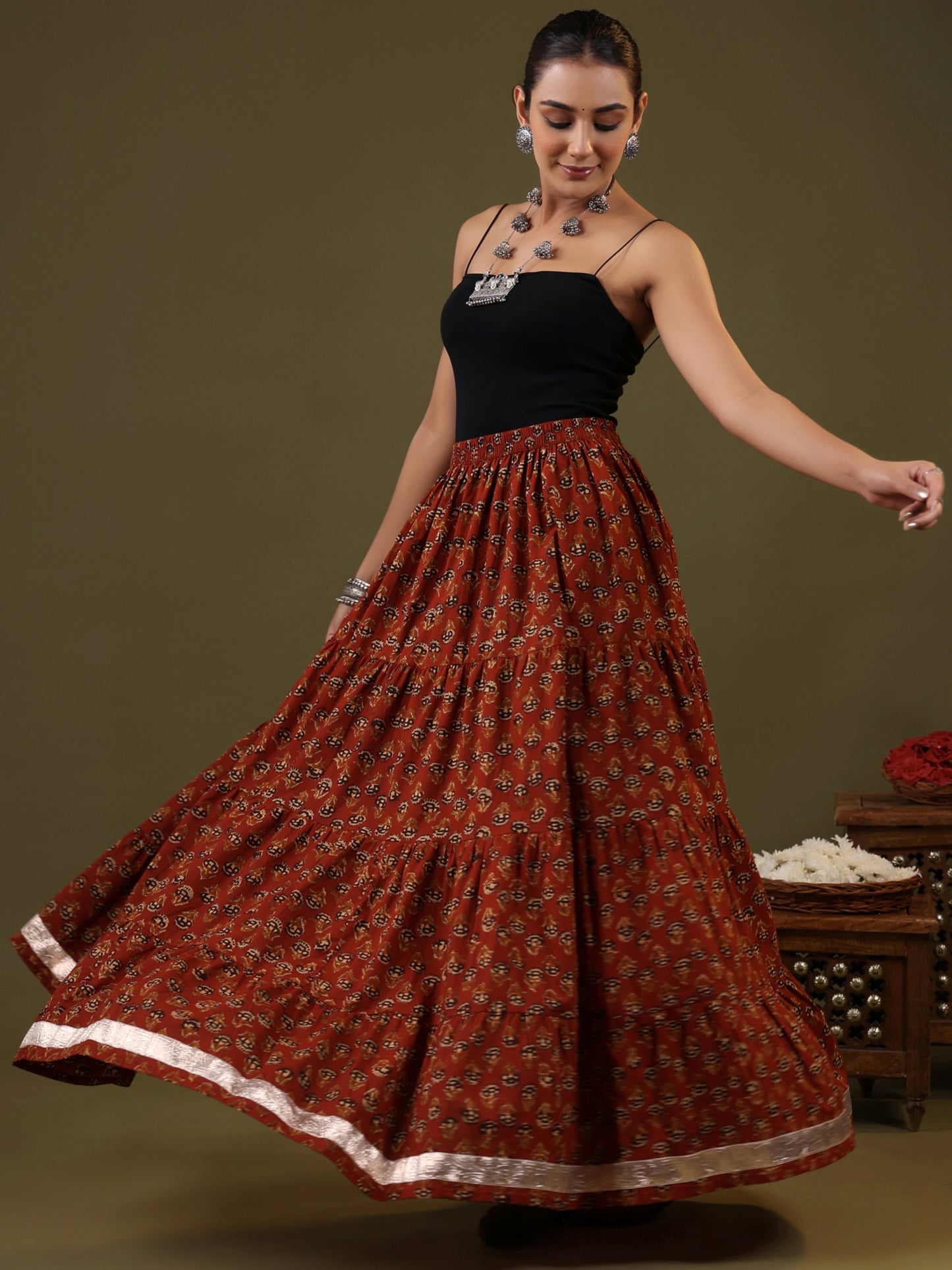 Rimeline Printed Pure Cotton Flared Tiered Maxi Skirt