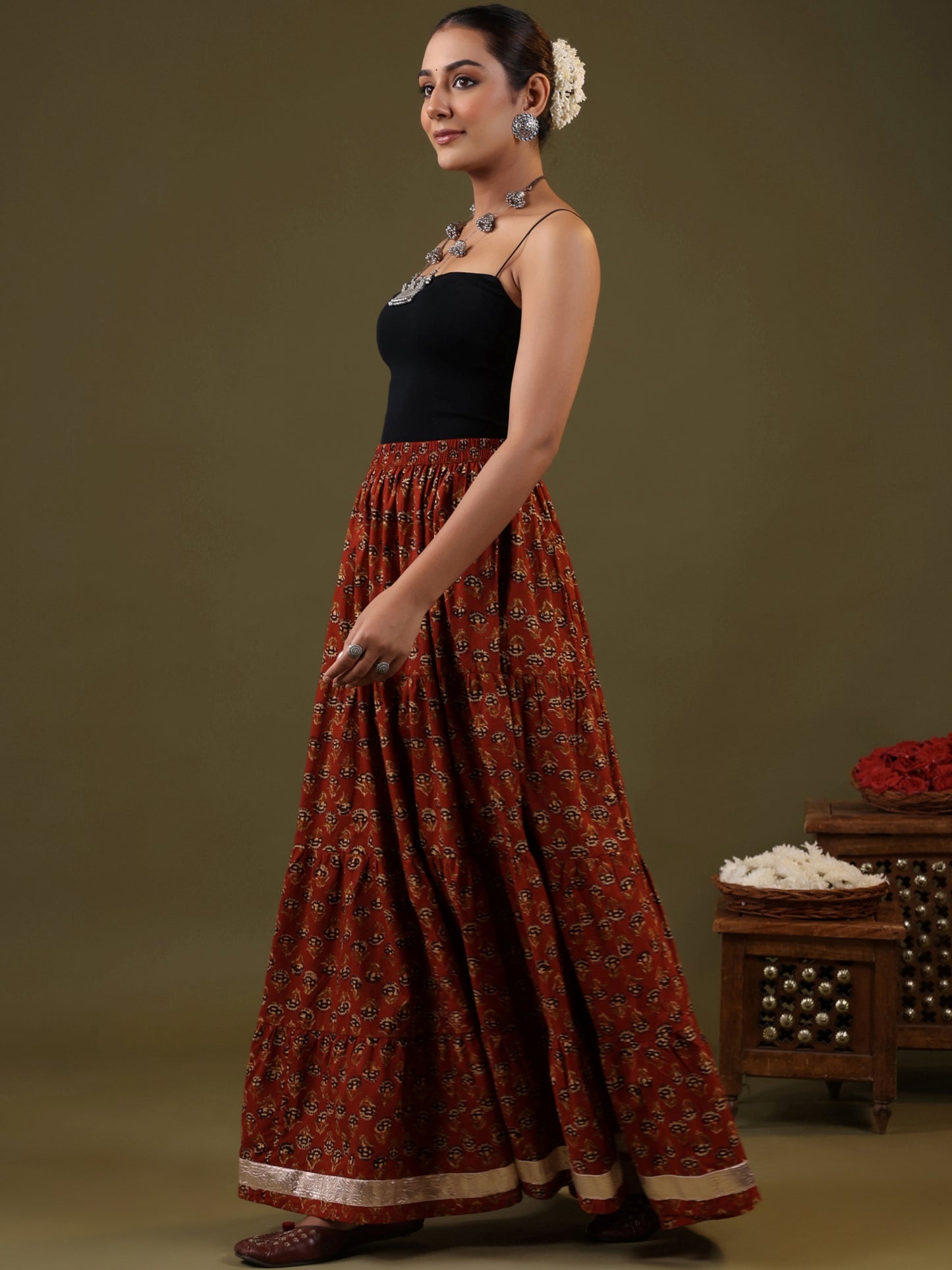 Rimeline Printed Pure Cotton Flared Tiered Maxi Skirt