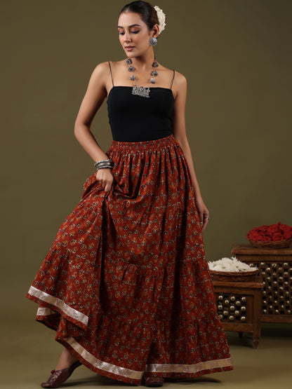 Rimeline Printed Pure Cotton Flared Tiered Maxi Skirt