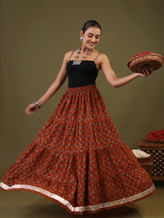 Rimeline Printed Pure Cotton Flared Tiered Maxi Skirt