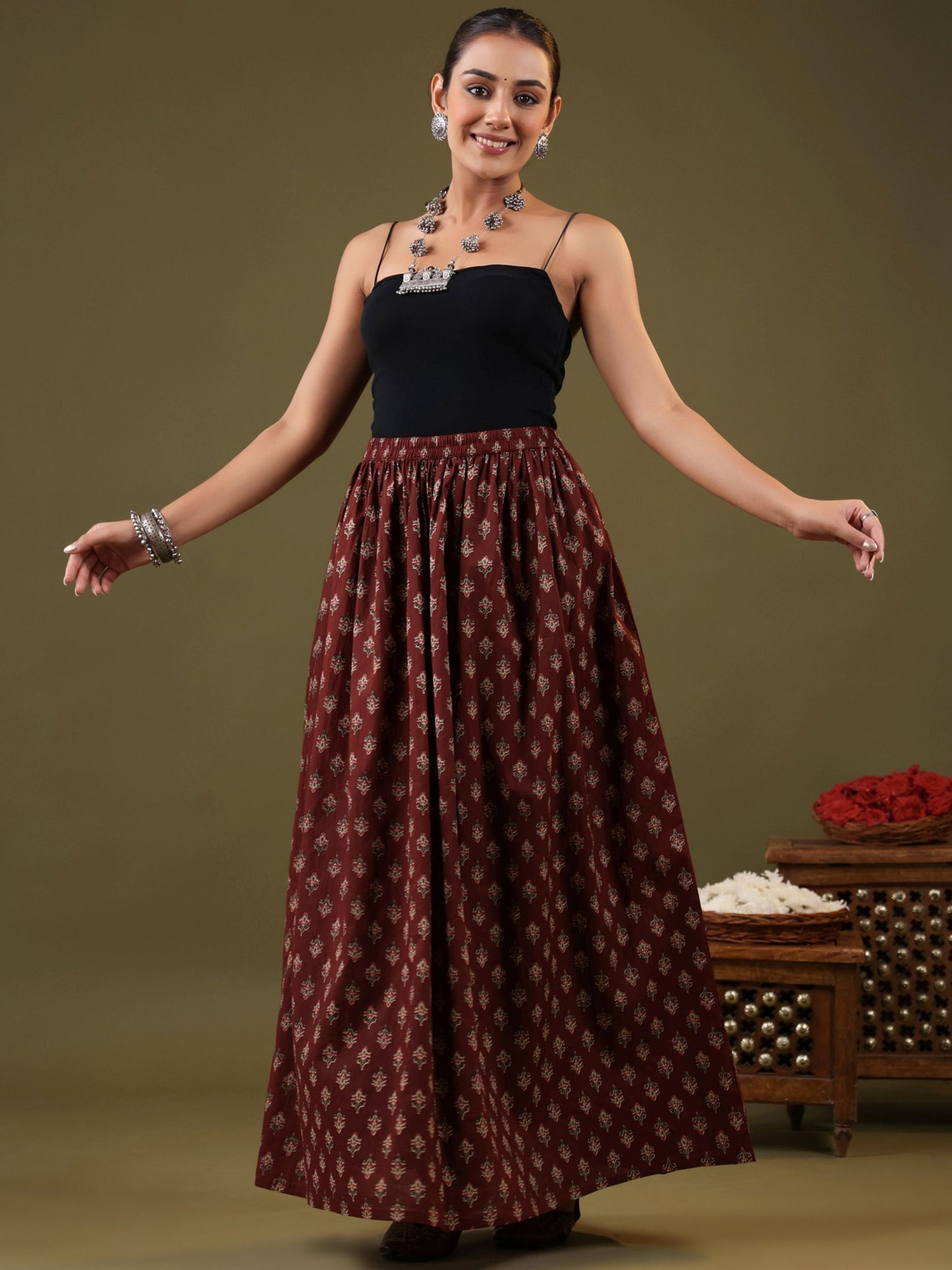 Rimeline Women Printed Pure Cotton Flared MaxiSkirt