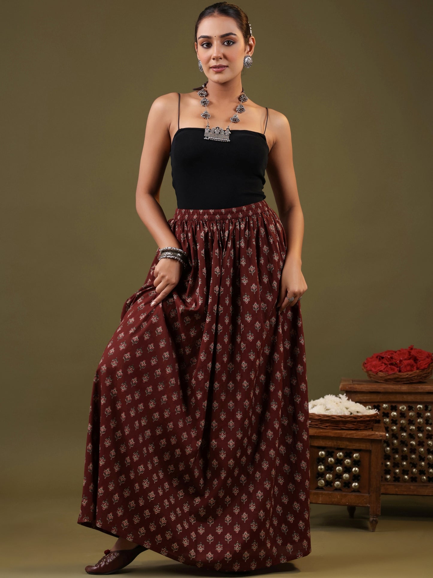 Rimeline Women Printed Pure Cotton Flared MaxiSkirt