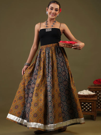 Rimeline Women Printed Pure Cotton Flared Maxi Skirt