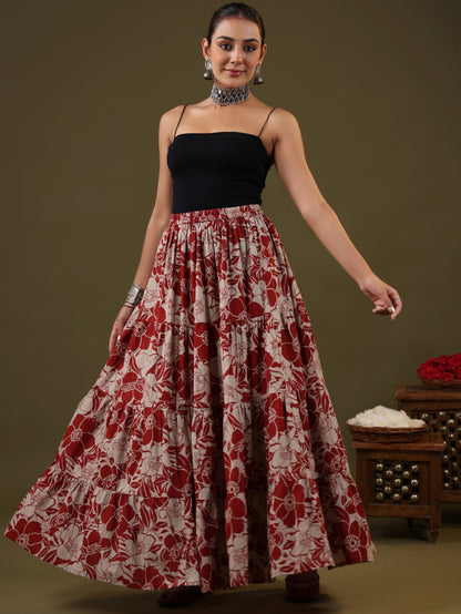 Rimeline Floral Printed Pure Cotton Flared Maxi Skirt