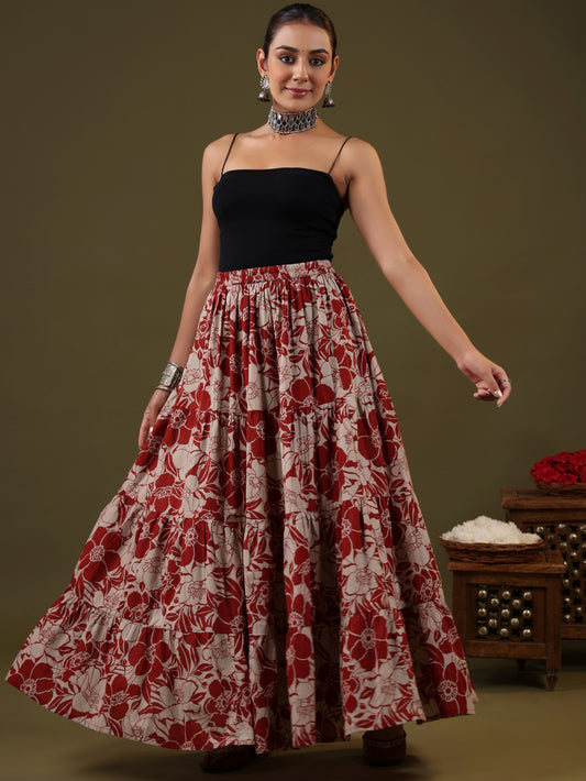 Rimeline Floral Printed Pure Cotton Flared Maxi Skirt