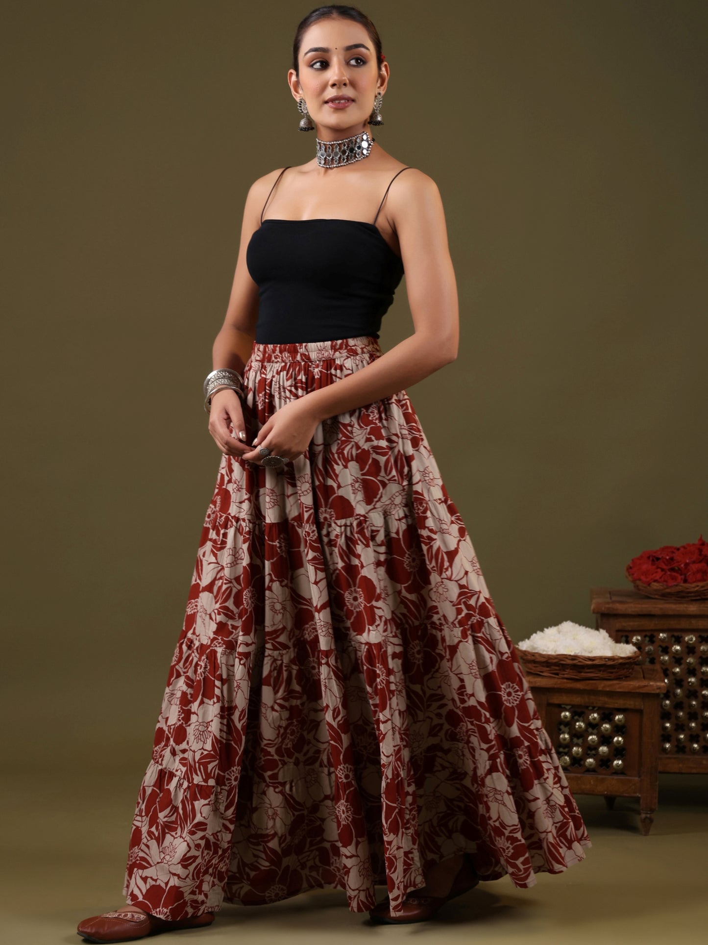 Rimeline Floral Printed Pure Cotton Flared Maxi Skirt