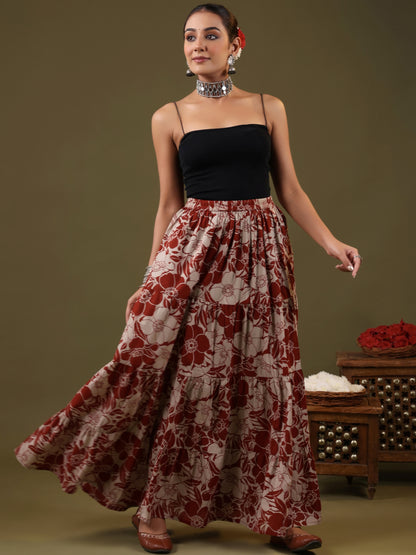 Rimeline Floral Printed Pure Cotton Flared Maxi Skirt