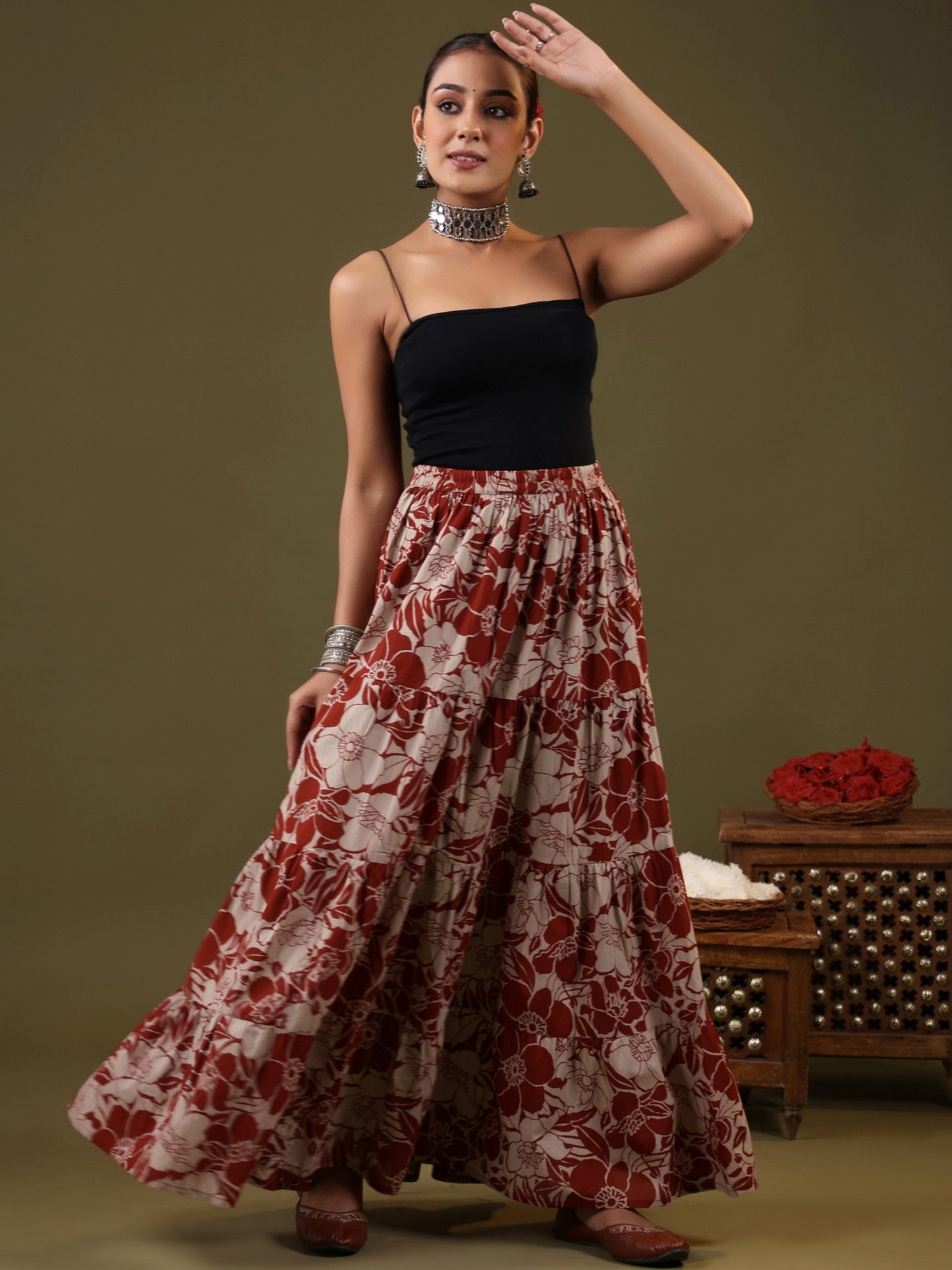 Rimeline Floral Printed Pure Cotton Flared Maxi Skirt