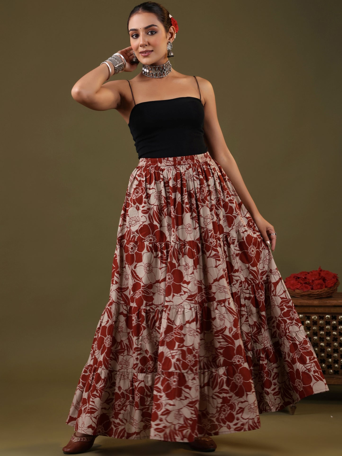 Rimeline Floral Printed Pure Cotton Flared Maxi Skirt