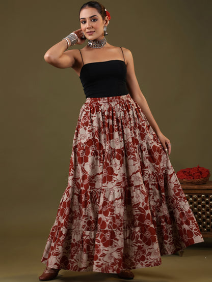 Rimeline Floral Printed Pure Cotton Flared Maxi Skirt