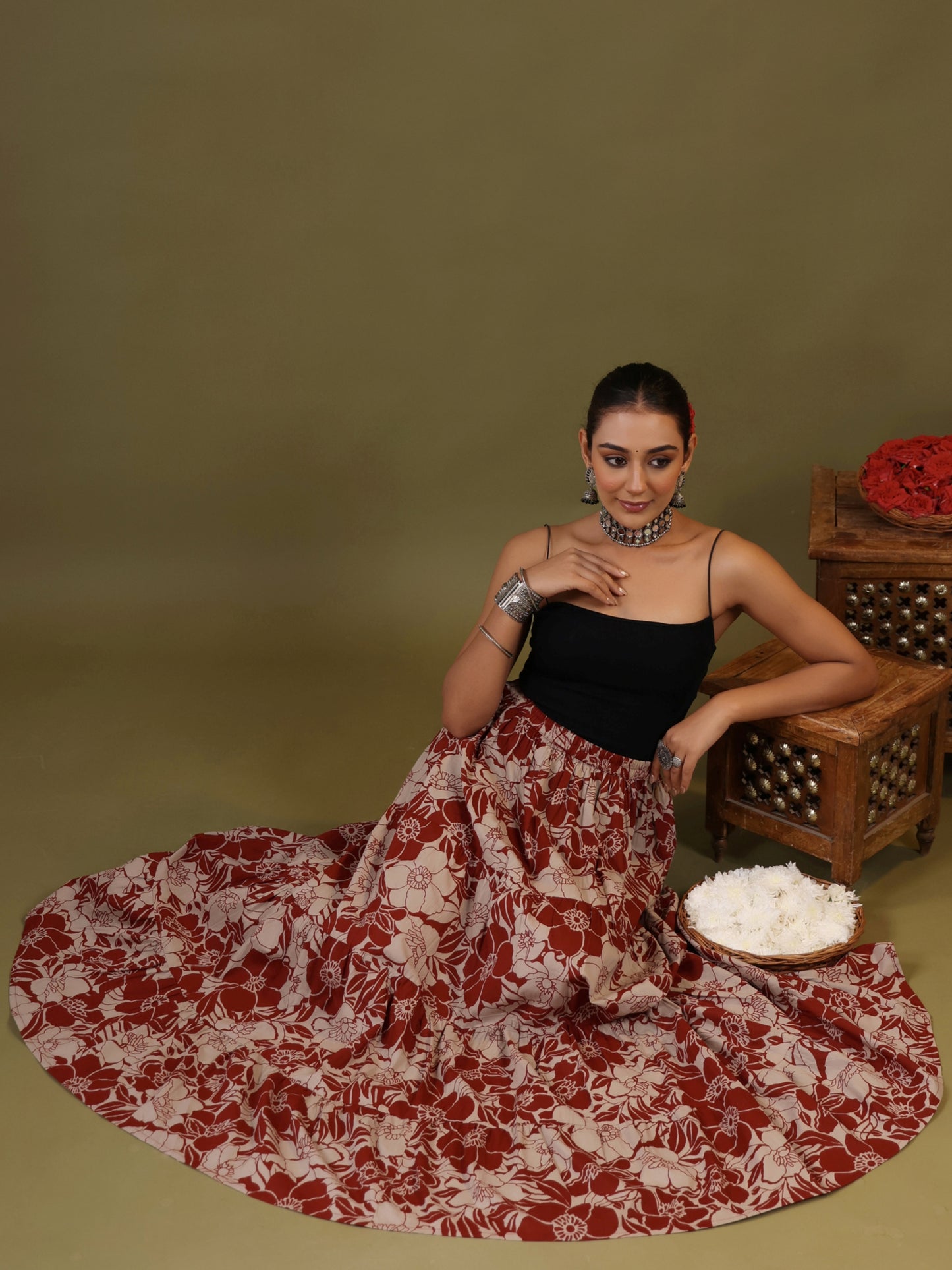 Rimeline Floral Printed Pure Cotton Flared Maxi Skirt