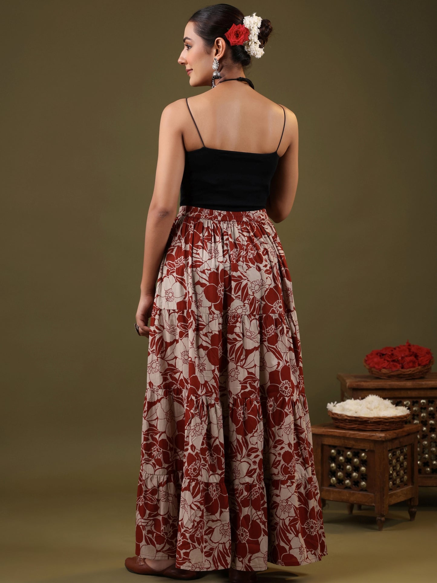 Rimeline Floral Printed Pure Cotton Flared Maxi Skirt