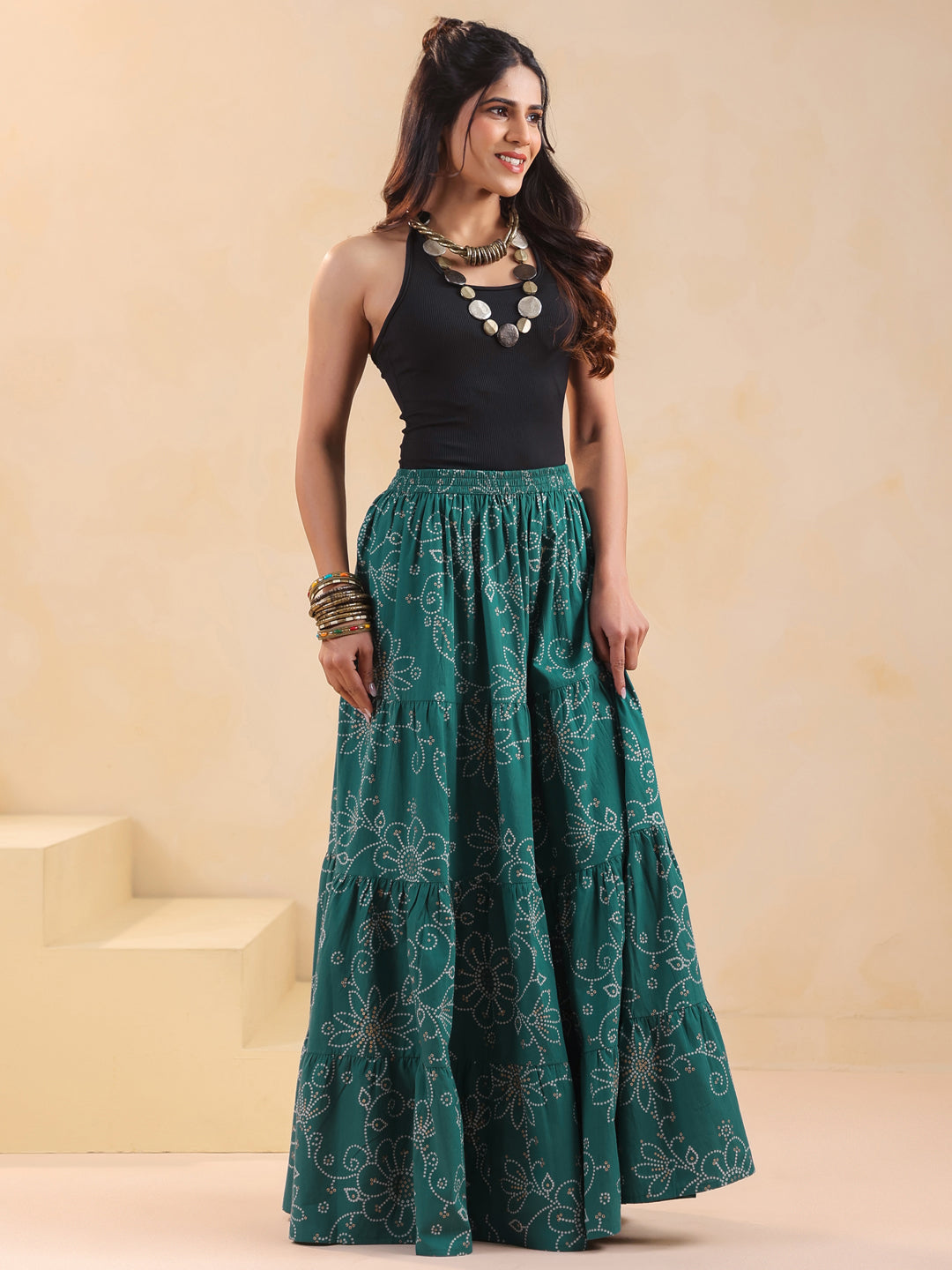 Rimeline Women Printed Pure Cotton Flared Maxi Skirt