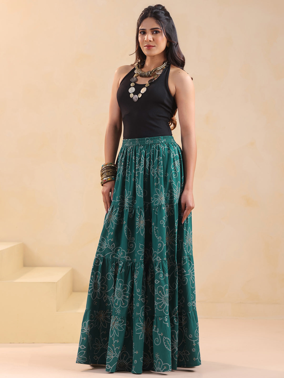 Rimeline Women Printed Pure Cotton Flared Maxi Skirt