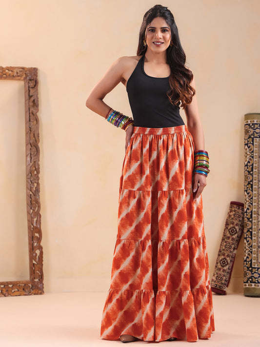 Rimeline Women Printed Pure Cotton Flared Maxi Skirt