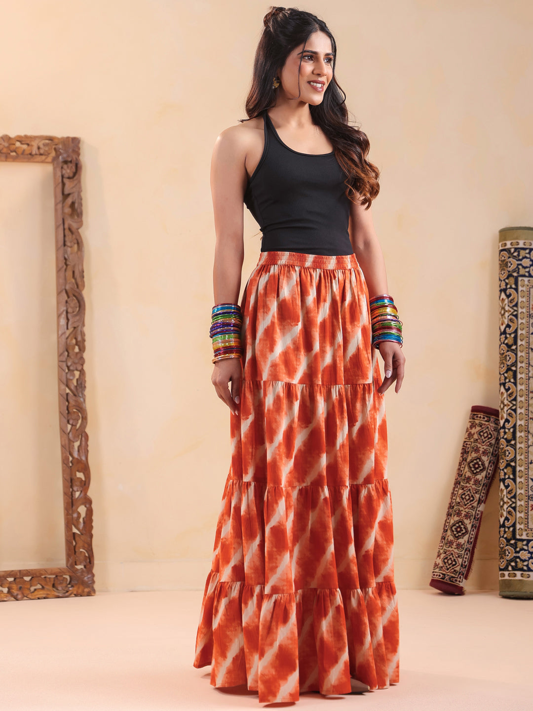 Rimeline Women Printed Pure Cotton Flared Maxi Skirt