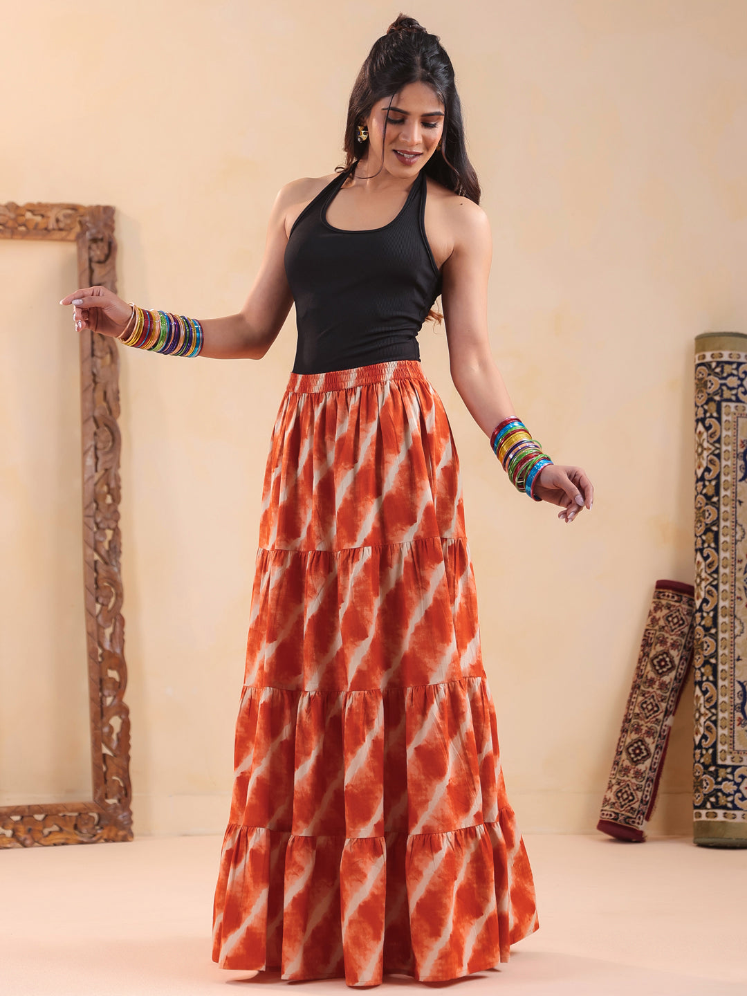 Rimeline Women Printed Pure Cotton Flared Maxi Skirt