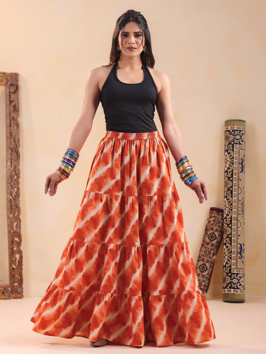 Rimeline Women Printed Pure Cotton Flared Maxi Skirt