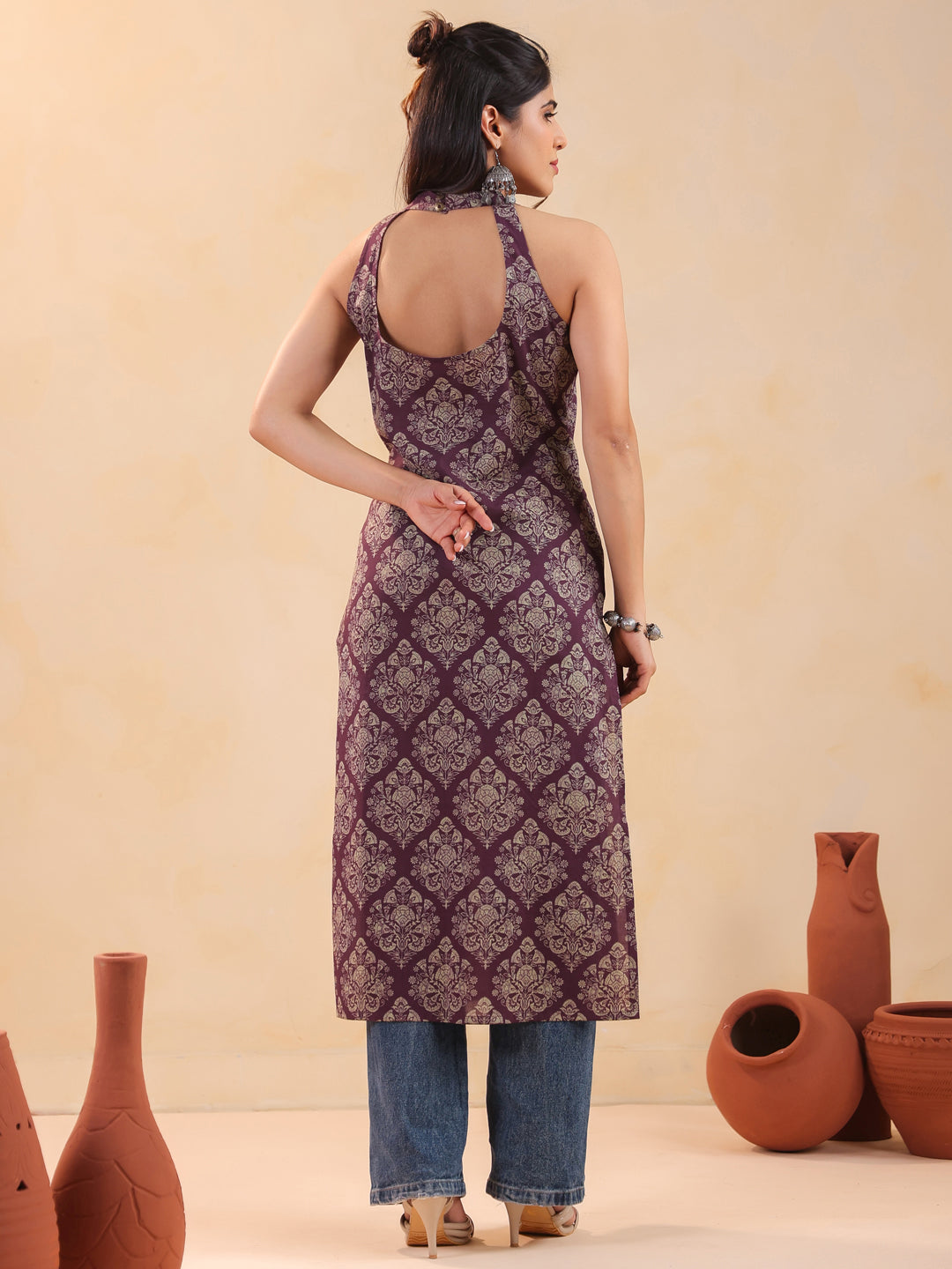 Rimeline Women Ethnic Motifs Printed Thread Work Backless Kurta