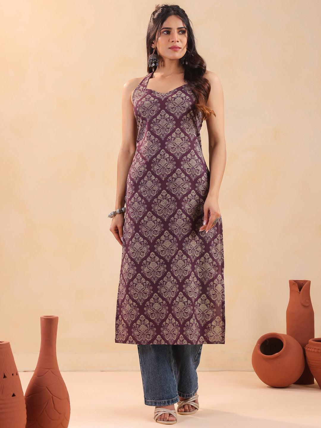 Rimeline Women Ethnic Motifs Printed Thread Work Backless Kurta