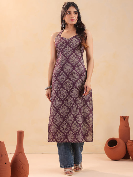 Rimeline Women Ethnic Motifs Printed Thread Work Backless Kurta