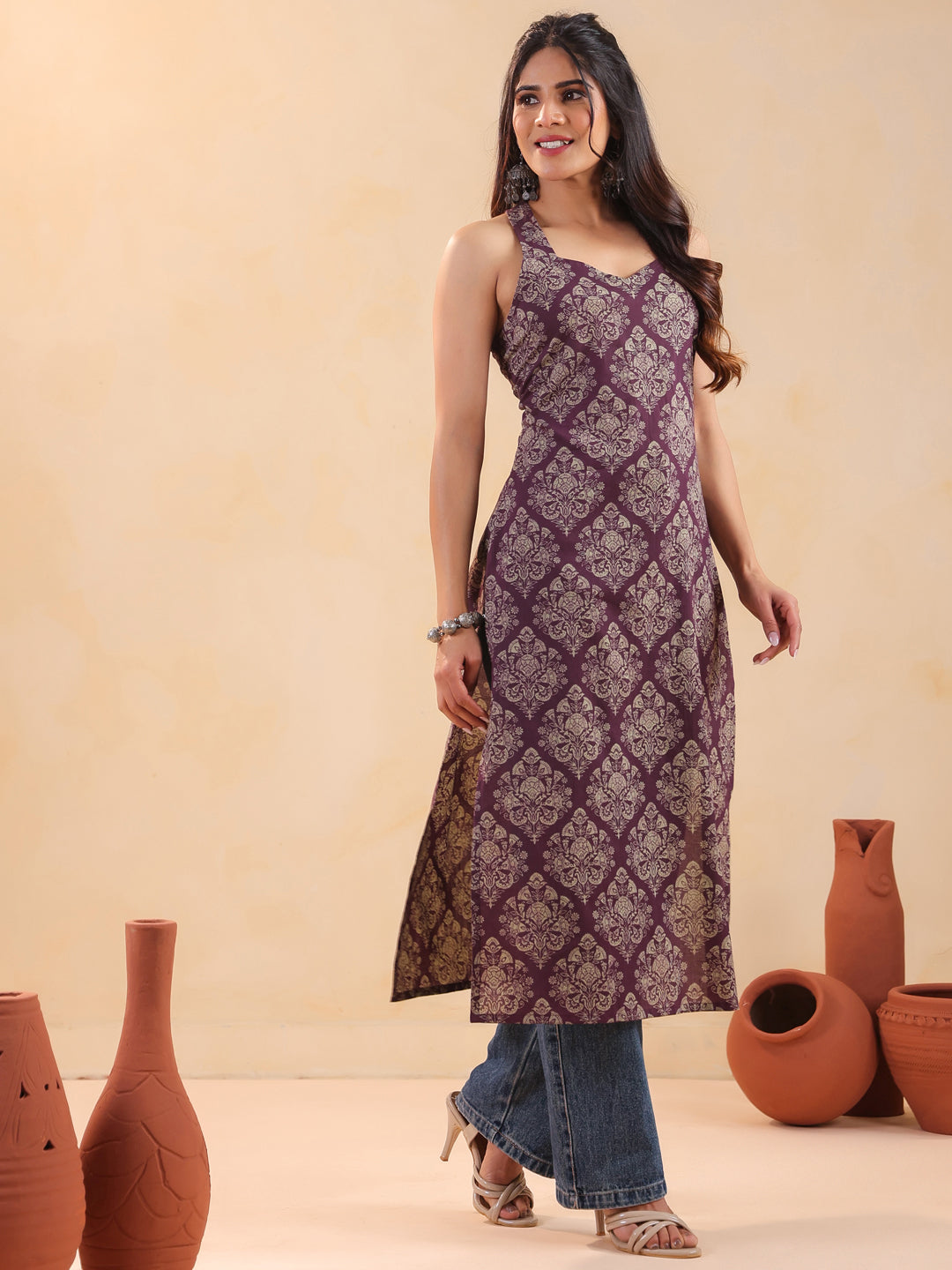 Rimeline Women Ethnic Motifs Printed Thread Work Backless Kurta