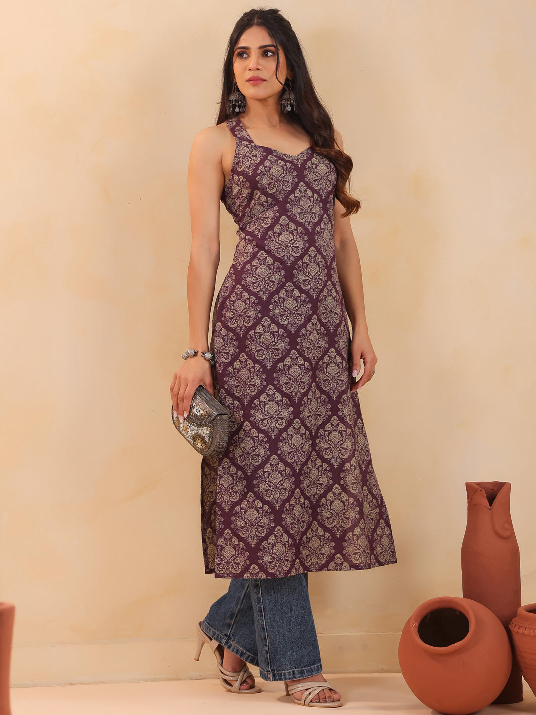 Rimeline Women Ethnic Motifs Printed Thread Work Backless Kurta