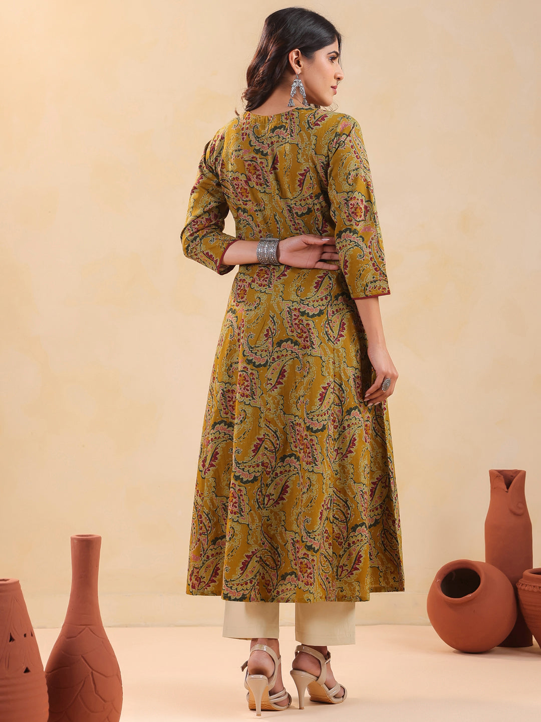 Rimeline Women Ethnic Motif Printed V-Neck A-Line Cotton Kurta