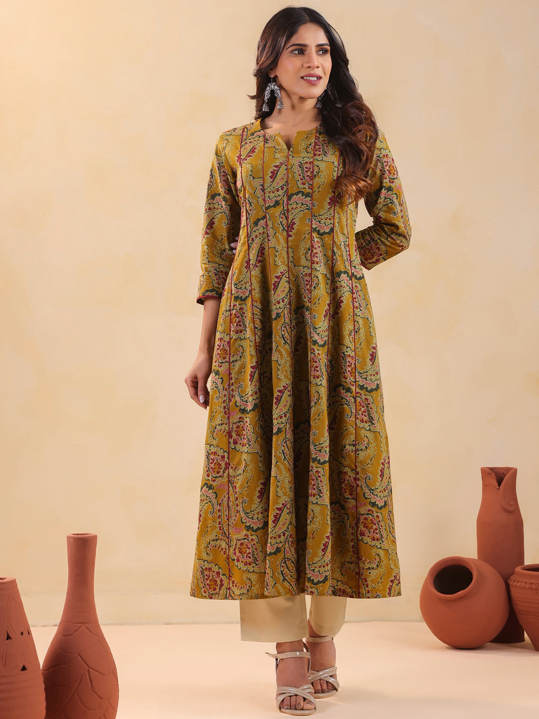 Rimeline Women Ethnic Motif Printed V-Neck A-Line Cotton Kurta