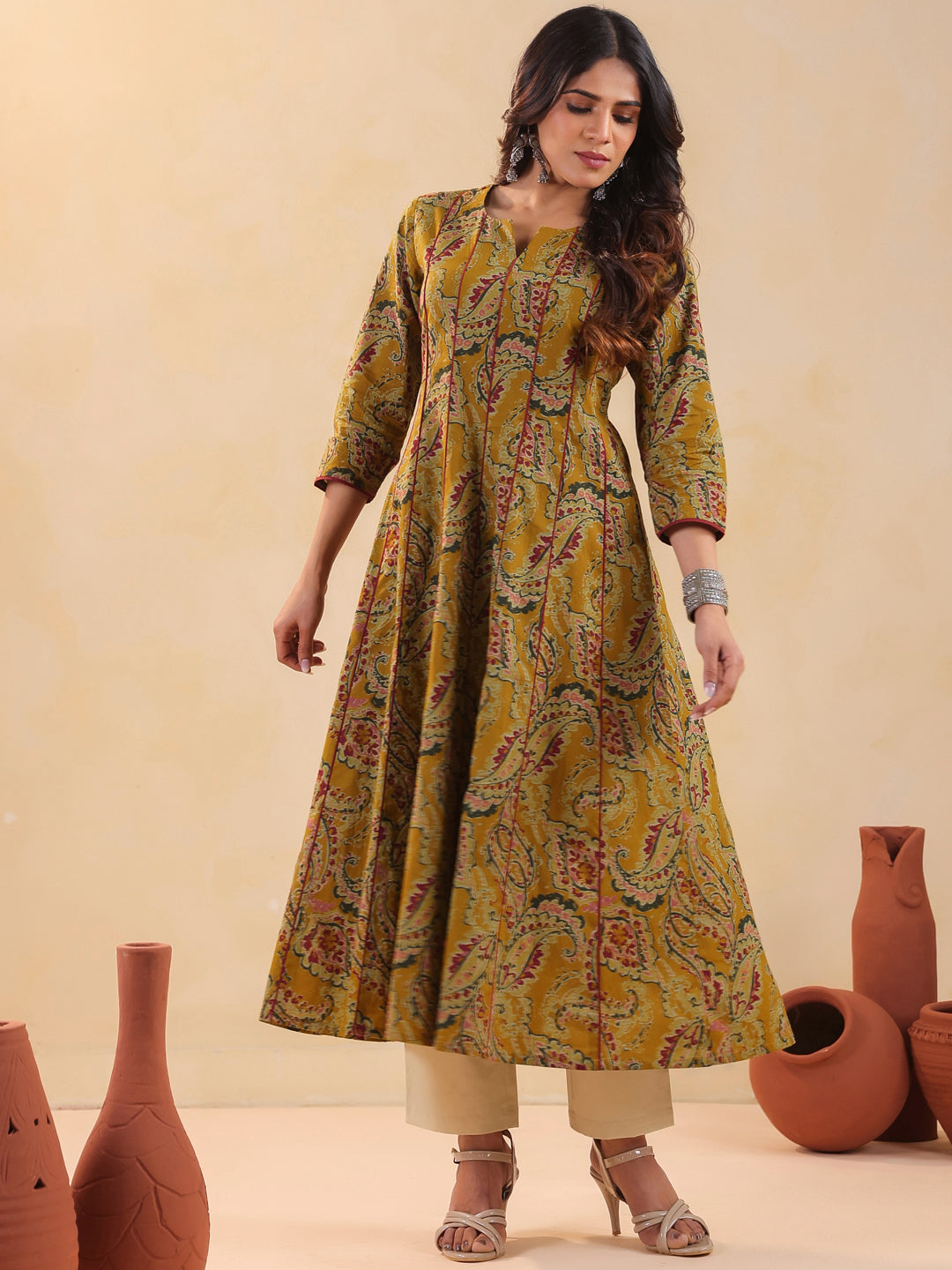 Rimeline Women Ethnic Motif Printed V-Neck A-Line Cotton Kurta