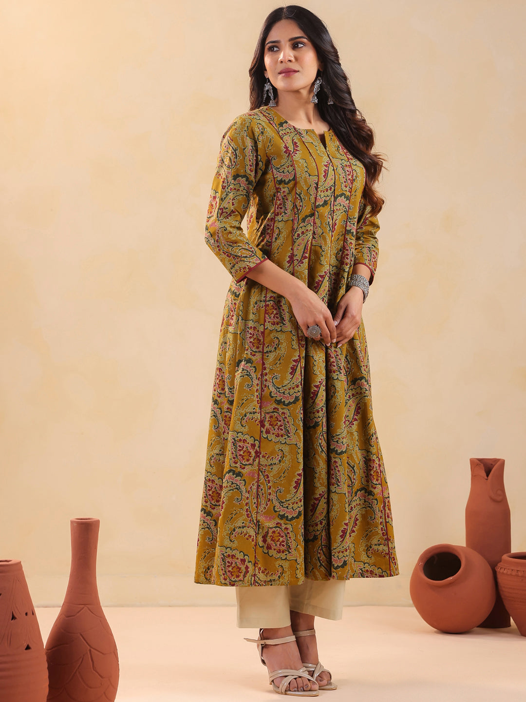 Rimeline Women Ethnic Motif Printed V-Neck A-Line Cotton Kurta
