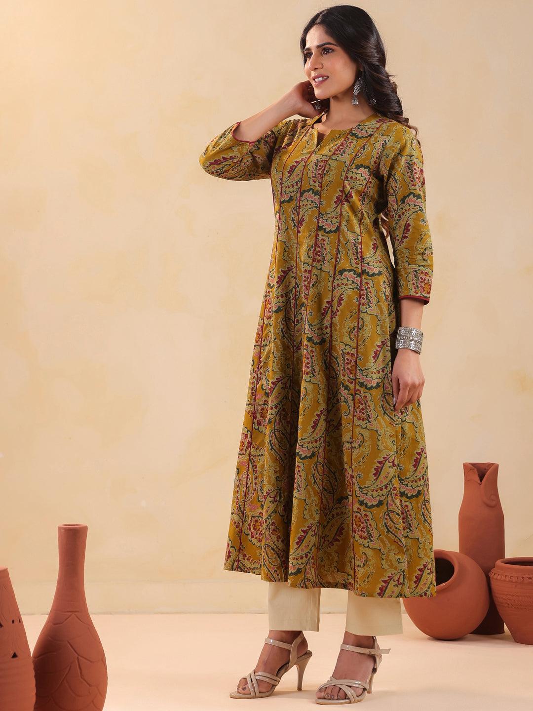 Rimeline Women Ethnic Motif Printed V-Neck A-Line Cotton Kurta