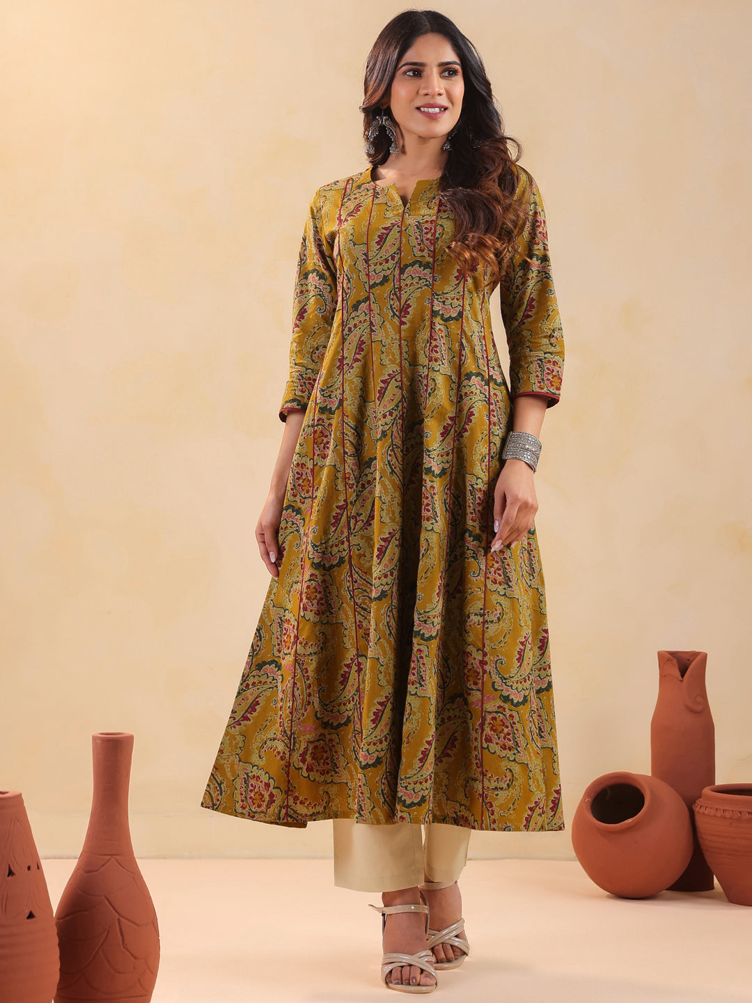 Rimeline Women Ethnic Motif Printed V-Neck A-Line Cotton Kurta