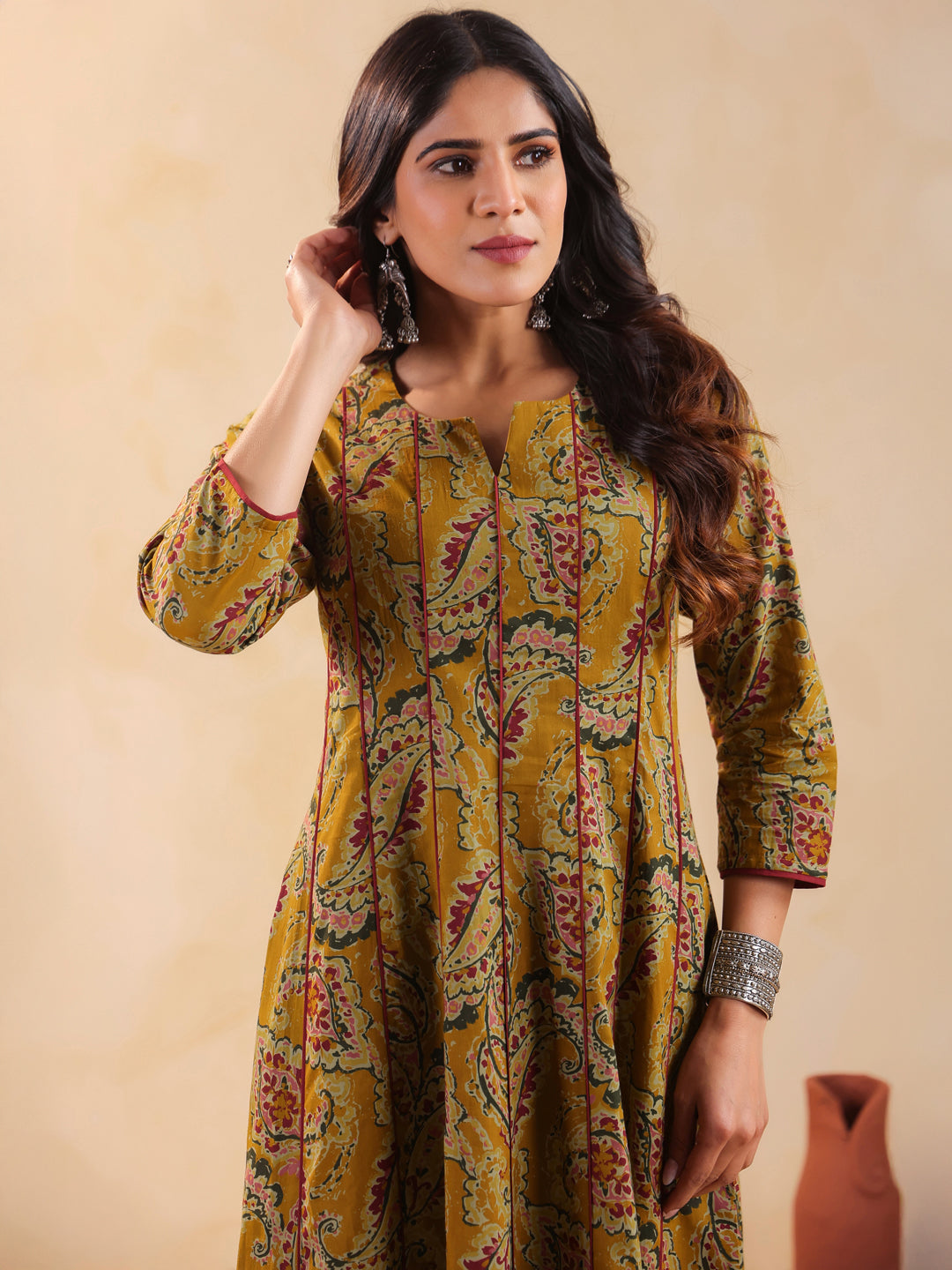 Rimeline Women Ethnic Motif Printed V-Neck A-Line Cotton Kurta