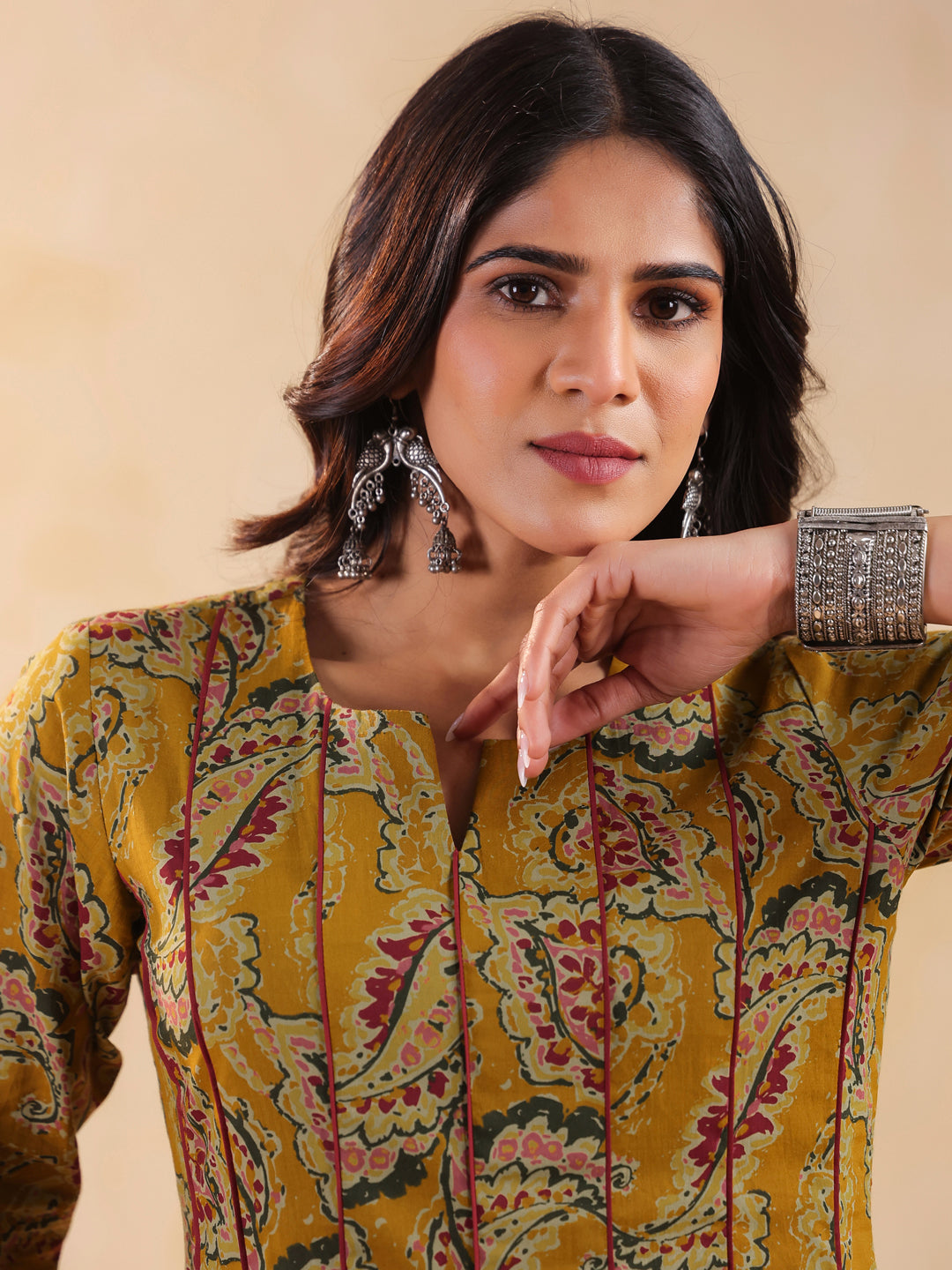 Rimeline Women Ethnic Motif Printed V-Neck A-Line Cotton Kurta