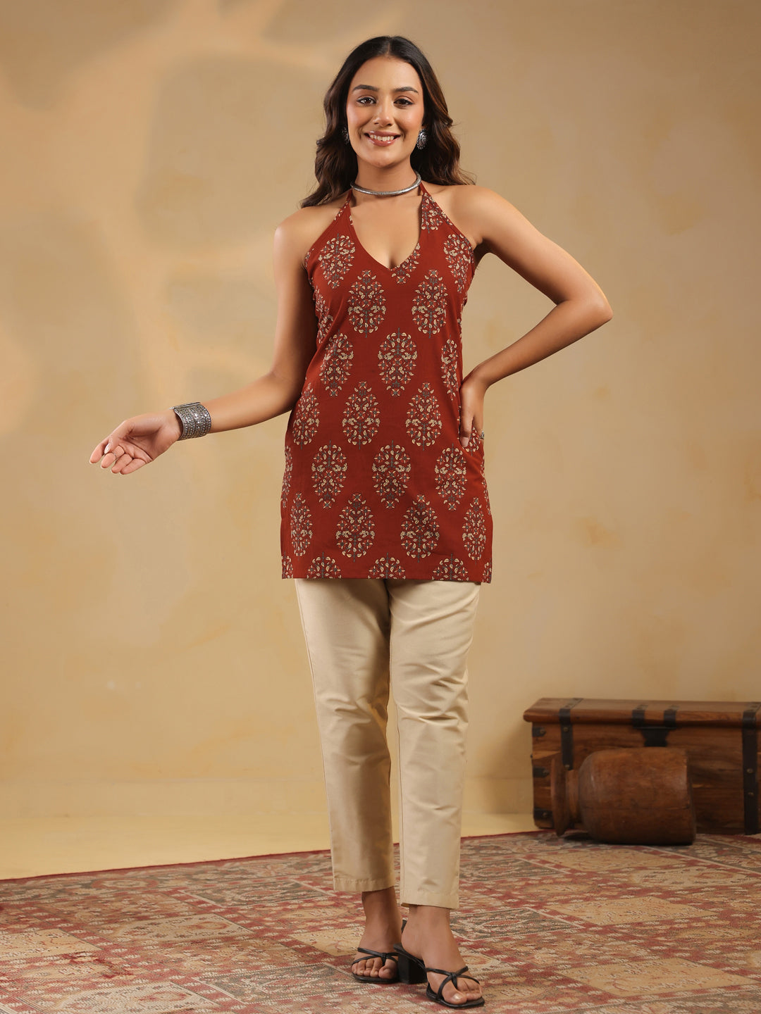Rimeline Ethnic Motifs Printed Halter Neck Pure Cotton Kurti