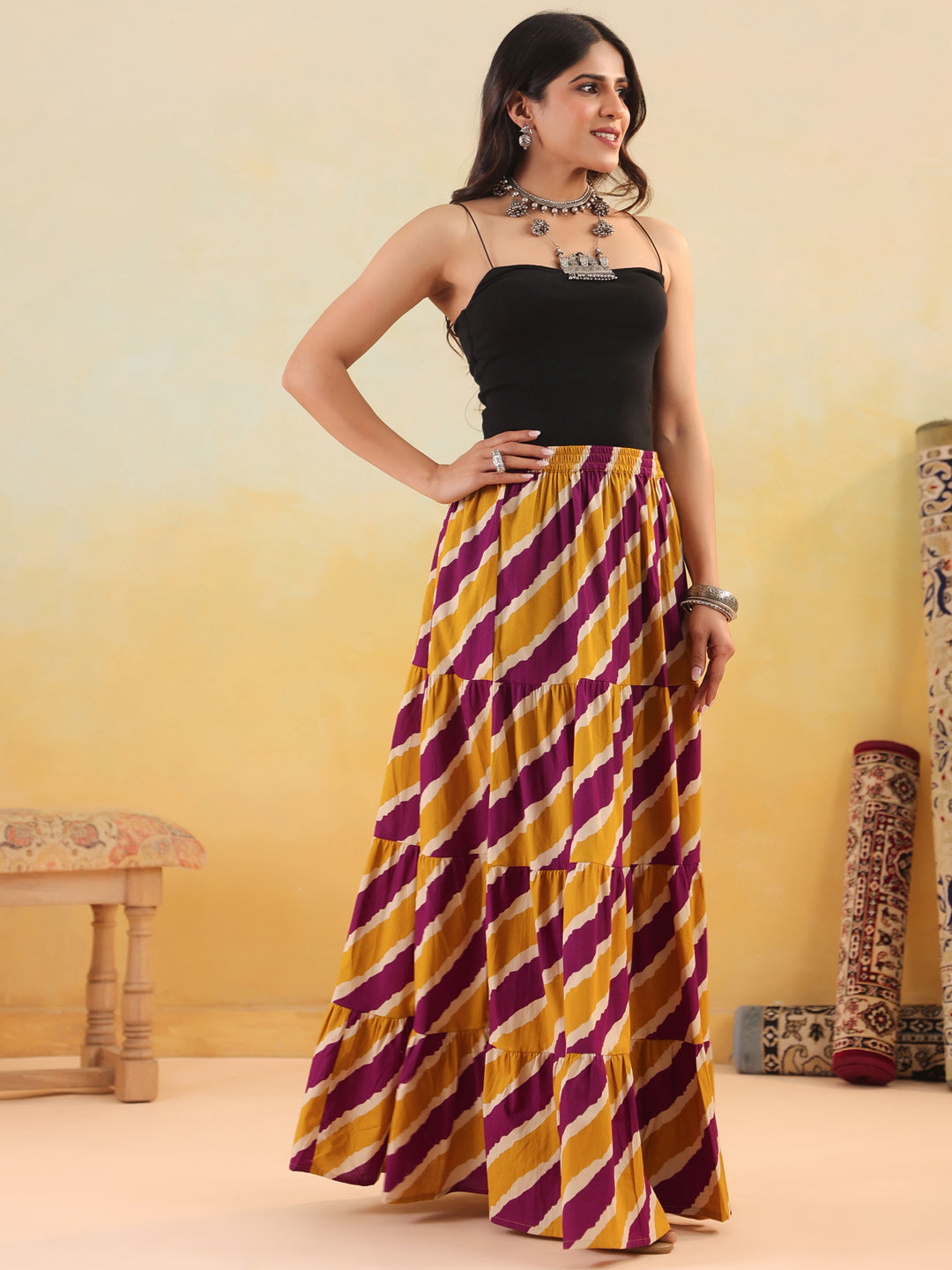 Rimeline Women Pure Cotton Cotton Cambric Self Design Maxi Flared Skirt
