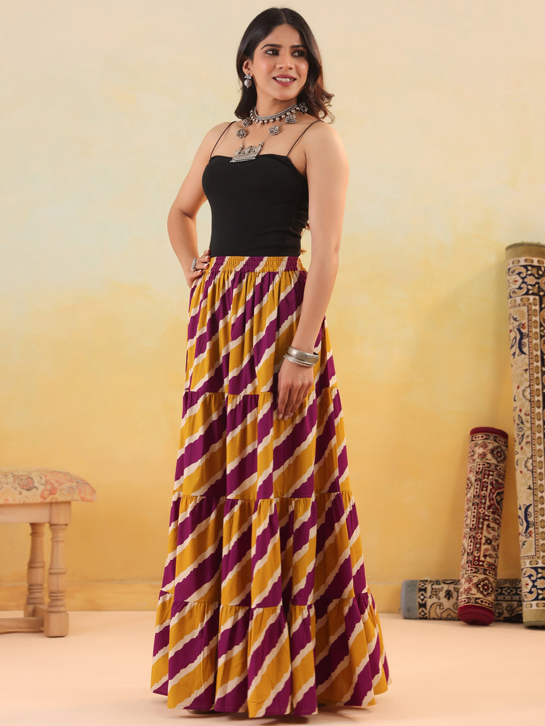 Rimeline Women Pure Cotton Cotton Cambric Self Design Maxi Flared Skirt
